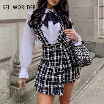 

2019 Women's Skirt Bottoms High Waist Tweed skirt Women's Sexy Club Party Bib Fringe Strap A-Line Mini Skirt