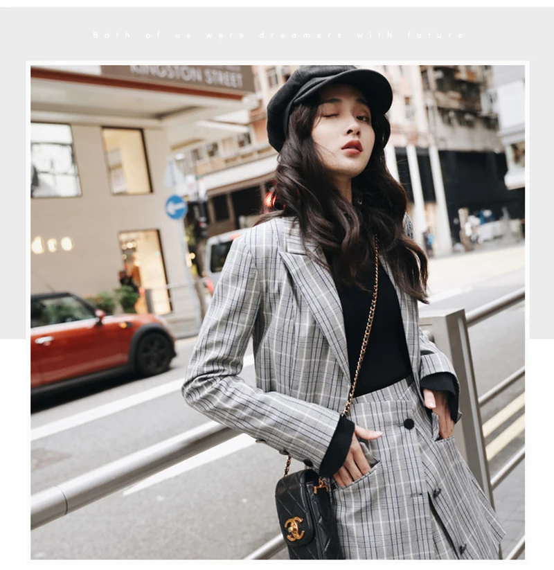 New 2018 Autumn Women Suit Female Korean Fashion Long-Sleeved Plaid Suit Jacket Female Two-Piece Stitching Ladies Skirt D8A225 (3)