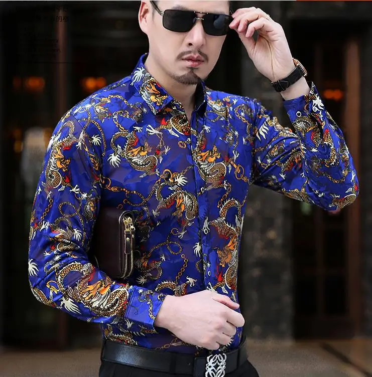 Men's Casual Long Sleeve Dragon Print Design Silk Shirts Men Thin Soft