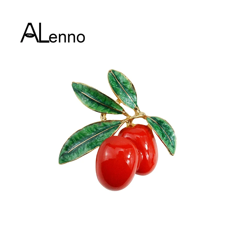 

Red Enamel Green Leaves Olives Pins And Brooches For Women Plant Brooch Female Corsage Collar Pin Metal Banquet Party Jewelry