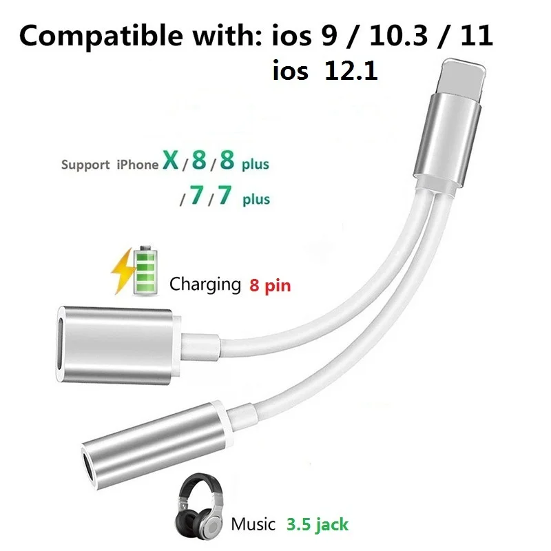 (music + Charge) 3.5 jack Audio Adapter for iPhone 7/8/X Compatible iOS
10.3 11 12.01 12.2