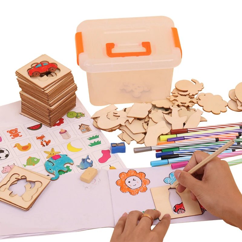 

iPiggy 100pcs Board School Paint Tools Wooden Toys Drawing Toy Set Educational Coloring Book Paint Learning Coloring Board