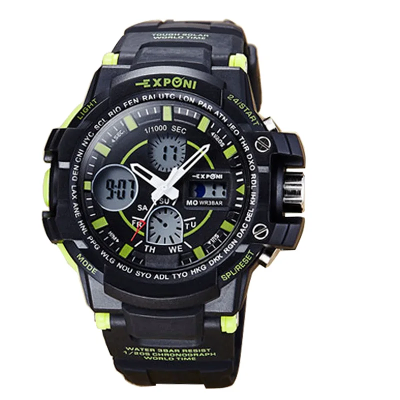 Спортивные мужские часы, светодиодный цифровой многофункциональный светящийся хронограф, календарь, будильник, кварцевые часы с дисплеем, мужские часы - Цвет: green