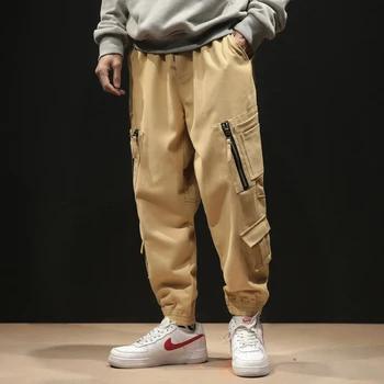 

2020 Hip Hip Streetwear Men's Cargo Work Joggers Pants Cotton Elastic Waist Zippers Multi Pockets Harem Pant Men Sweatpants
