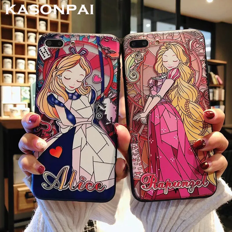 

3D Retro Relief Phone Cases for iphone 8 7 6 6S Plus Cute Cartoon Alice Mermaid Princess Cover for iPhone XR XS MAX X Case Coque