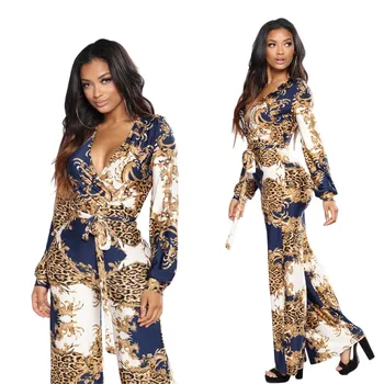 

Summer women's jumpsuit Straight trousers high waist pattern print deep V-neck belt sexy fashion casual jumpsuit