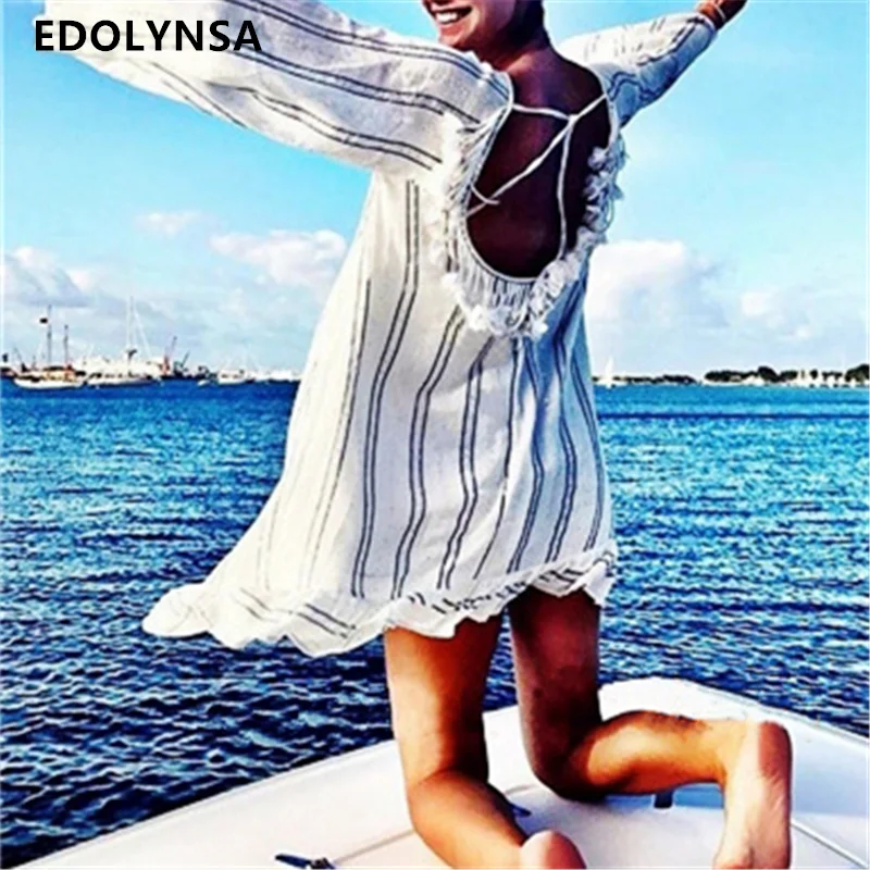 

Cotton Tunics for Beach Women Swimsuit Cover up Woman Swimwear Striped Beachwear Pareo Beach Dress Saida de Praia #Q474