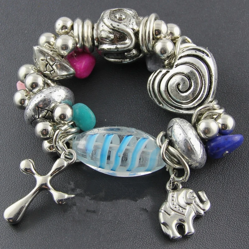 

CirGen,Vintage Silver plated Enamel Coloure glaze Stone Bead Elephant/Cross Pendant Charm elasticity Bracelet Bangle Jewelry,B39