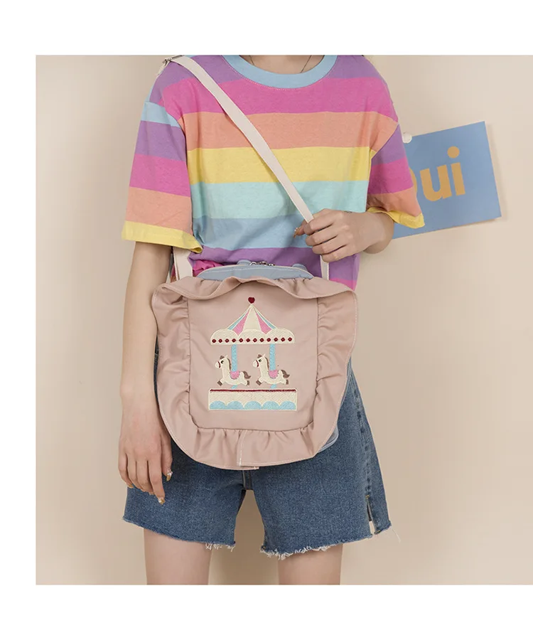 Harajuku Cartoon Embroidery Female Student Handbag New Hot Women's Color Matching Ruffled Shoulder Bag Messenger Bag