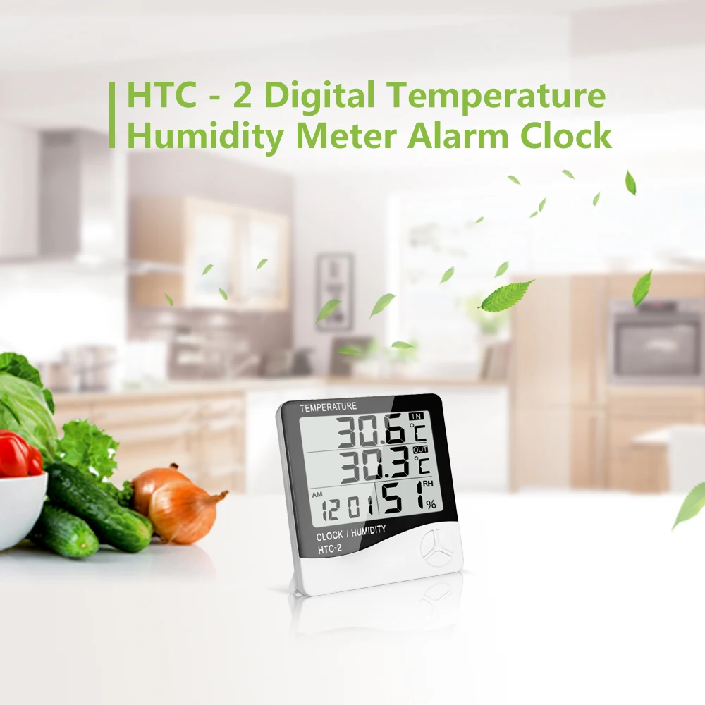 

Room Indoor and Outdoor Electronic Temperature Humidity Meter Digital Thermometer Hygrometer Weather Station Alarm Clock HTC-2
