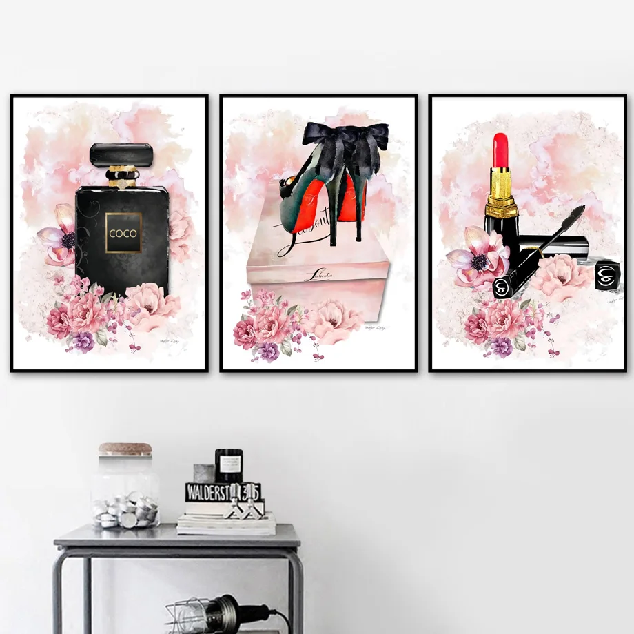 

Fashion Girl Perfume Lipstick Heels Brand Wall Art Canvas Painting Nordic Posters And Prints Wall Pictures For Living Room Decor
