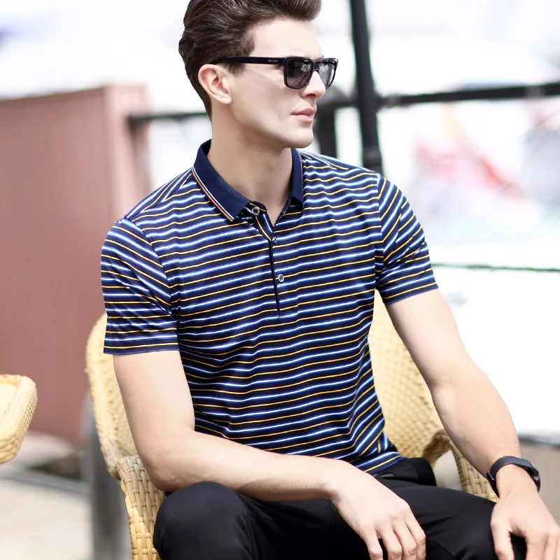 Men Cotton Silk Striped Polo Shirt Short Sleeve Male Casual Silk ...