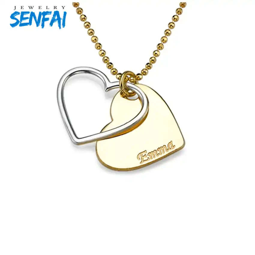 Custom Engraved Plate Name Necklace Double Heart Two Tone Charm Custom Engraved Plate Name Necklace