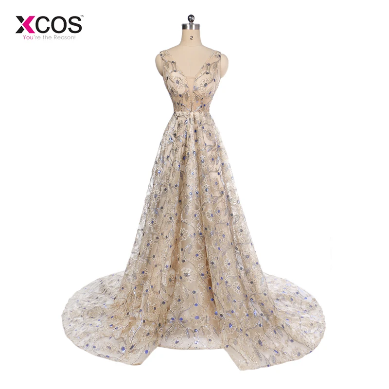 

Popular Champagne Blue Sequin Glitter Prom Dresses Long 2018 Sexy V Neck Backless Fprmal Party Evening Gowns Custom Made