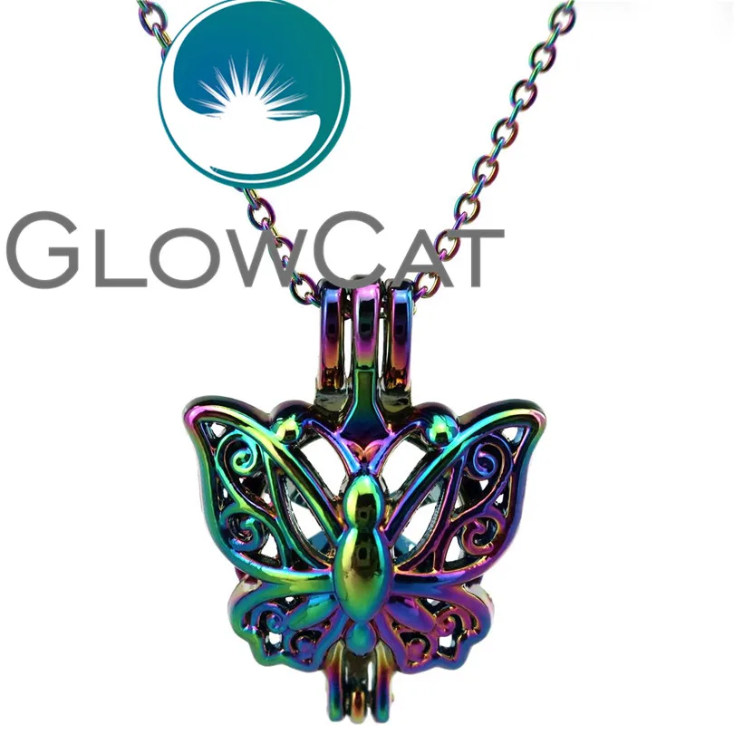

GLOWCAT CC701 Rainbow Color Butterfly Beads Cage Pendant Essential Oil Diffuser Aroma Pearl Cage Locket Necklace