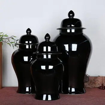 

Jingdezhen Black Ceramic temple Jar Handmade Vase With Cover Storage pot Hotel Decoration Living Room Furnishings porcelain jar