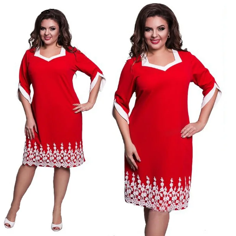 

Brand Women Casual Loose Dress Lace Patchwork Big Size Fashion Office Work Dresses Solid Blue Red Clothes Plus Size Vestidos 6XL