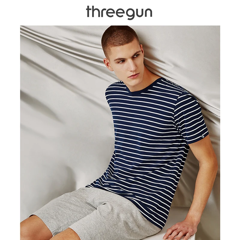 THREEGUN/мужские повседневные полосатые футболки топы футболка с полосками хлопок