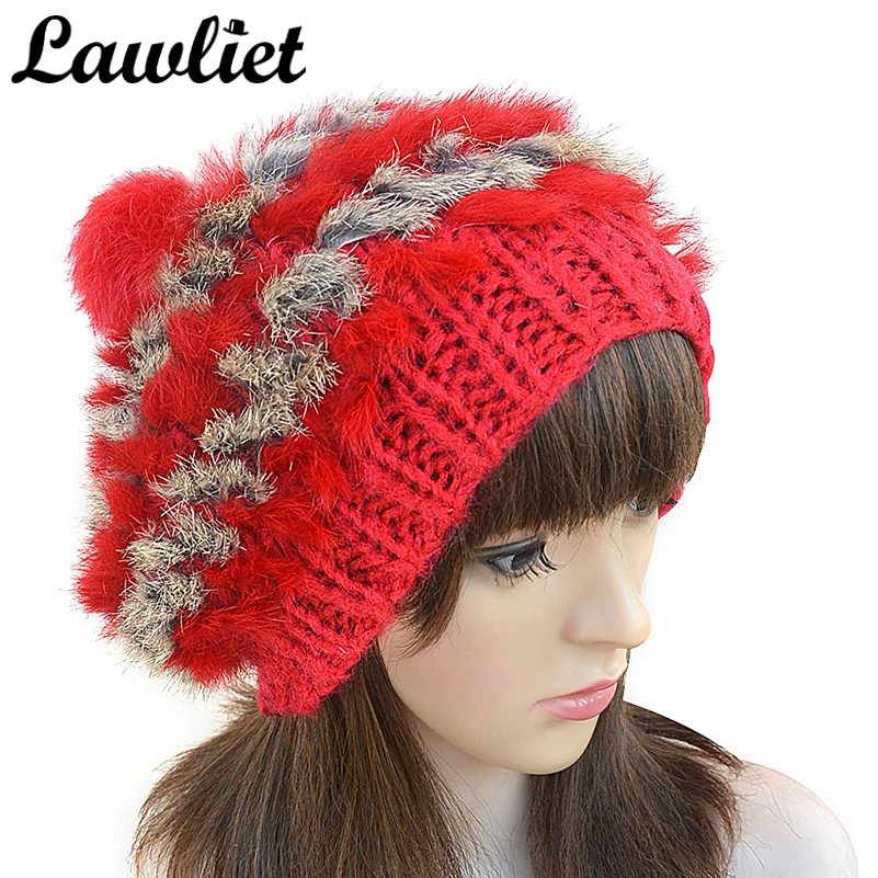 

Women Winter Hats Real Natural Rabbit Fur Pompom Knitting Hats for Young girl Crochet Skullies Hat Cap Russian A234