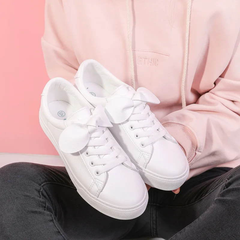 

Women White Shoes with Bowknot Female Black Leather Shoes Girls Cute Sneakers with Bow Lace Up Flat Heel Waterproof Sweet Shoes