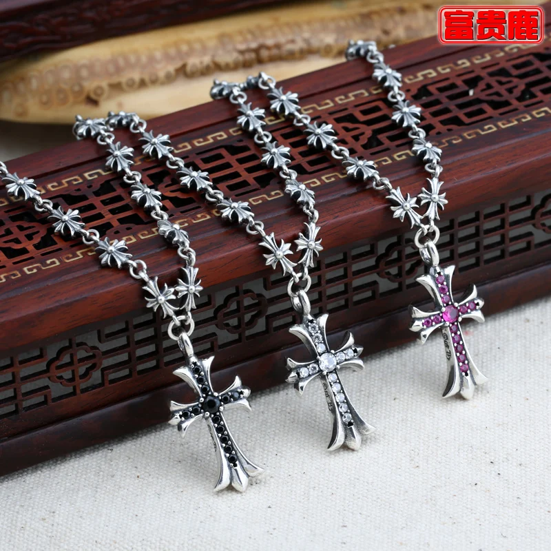 

Rich 925 pure silver hot-selling silver cross necklace vintage thai silver Women lengthen necklace long 70cm