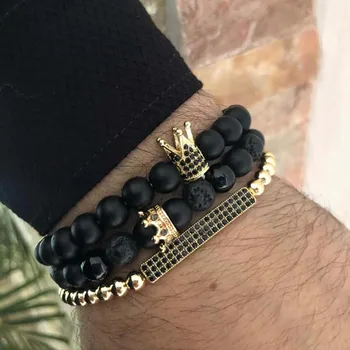 3Pc/Lot Micro Pave Black CZ Zirconia Gold King Crown & Bar Charm Bracelet Sets Men Stone Bead Bracelet Valentine Women Jewelry