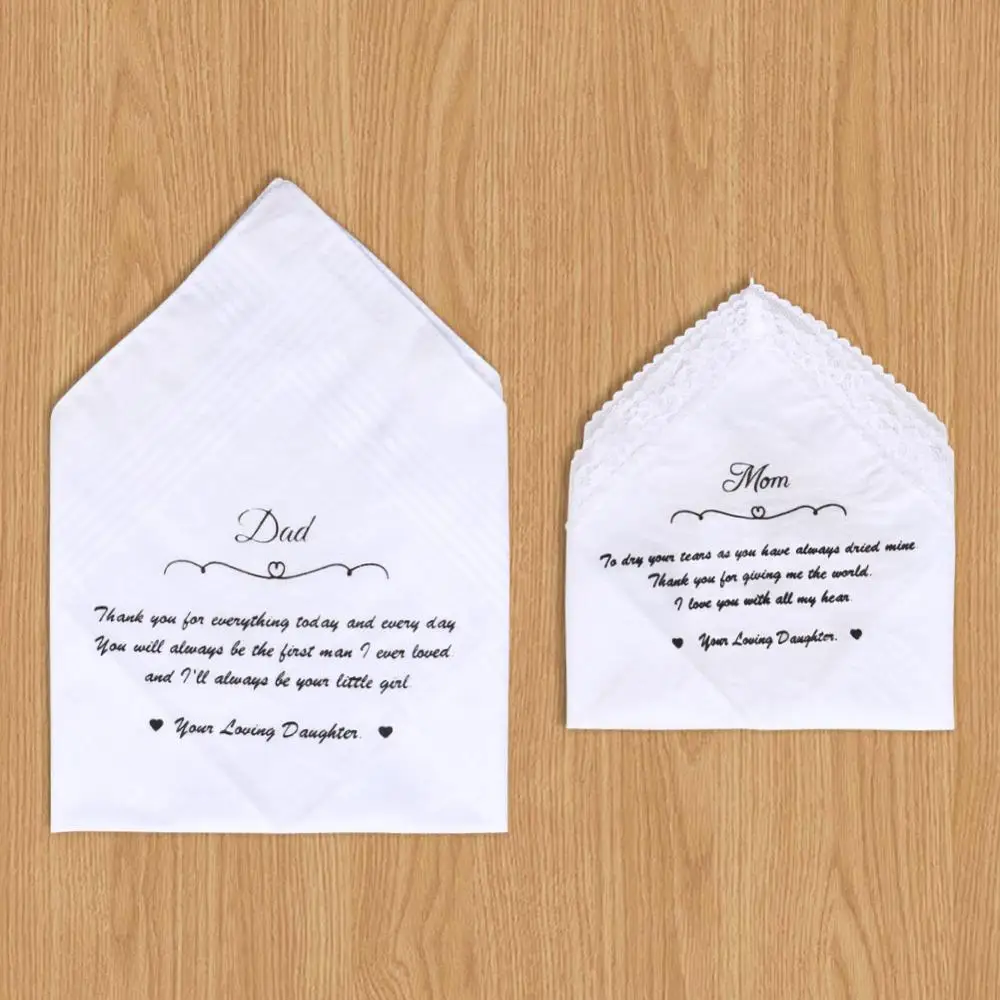 Ourwarm 2 шт. свадебный кружевной носовой платок персонализированные Hankies для папы, мамы, невесты, родителя подарок Свадебные украшения для праздника - Цвет: Mom Dad Handkerchief