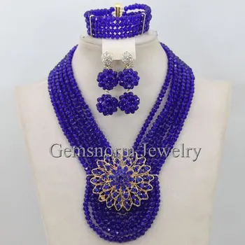 

New 6 Layers Royal Blue African Nigerian Jewellery Set Chunky Crystal African Beads Costume Necklace Set Free Shipping WA053