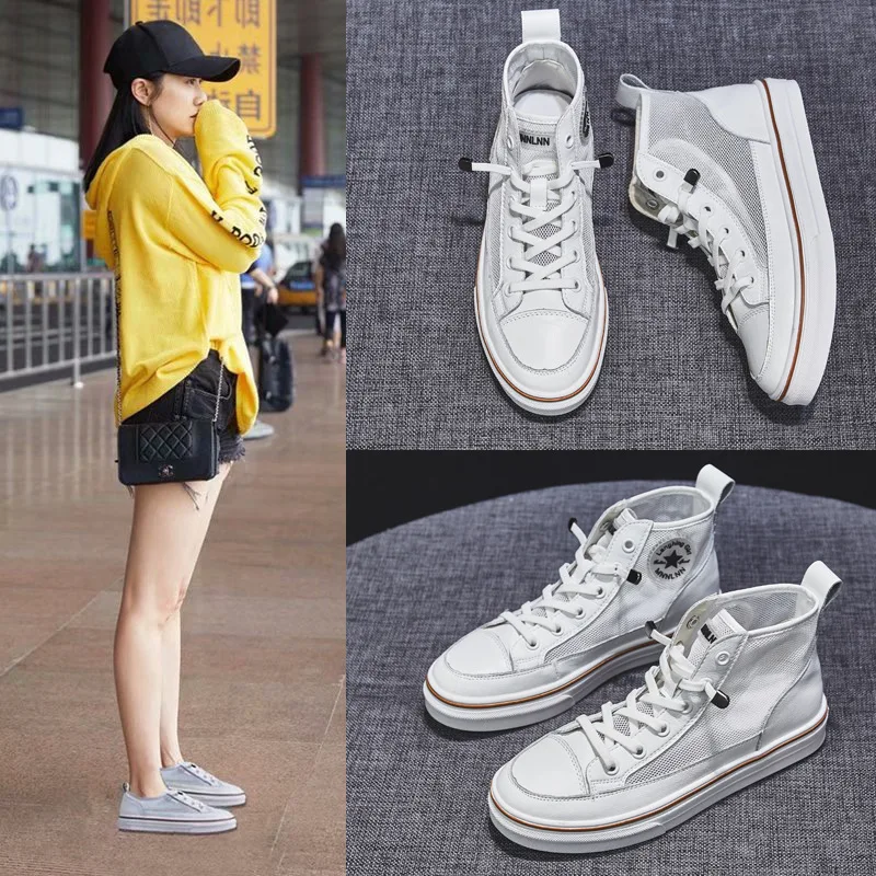 جديد النساء حذاء مسطح عالية أعلى الدانتيل متابعة أحذية رياضية الأبيض جلدية تنفس شبكة الكبار الإناث تنيس الأحذية أنيق أحذية تزلج