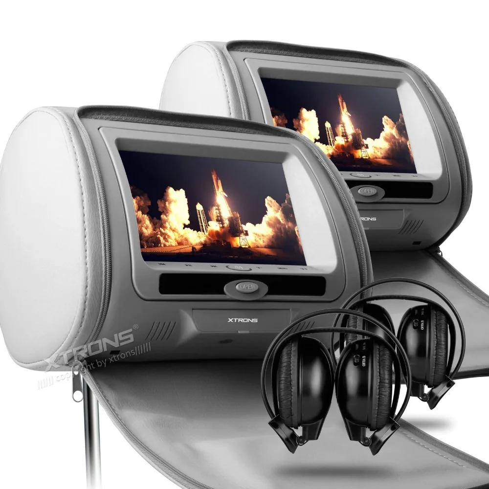 

Monitors Grey 2x7"Digital Screen zipper Car Headrest DVD Player USB FM Game Disc Remote Control + IR Wireless Headphones