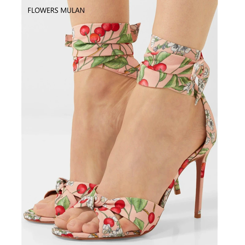 Nuevo verano 2018 todo atado sandalias gladiadoras tacones altos mujeres cereza flor estampado Rosa señoras zapatos Pre pedido zapatos de mujer Zapatos|Sandalias de mujer| AliExpress