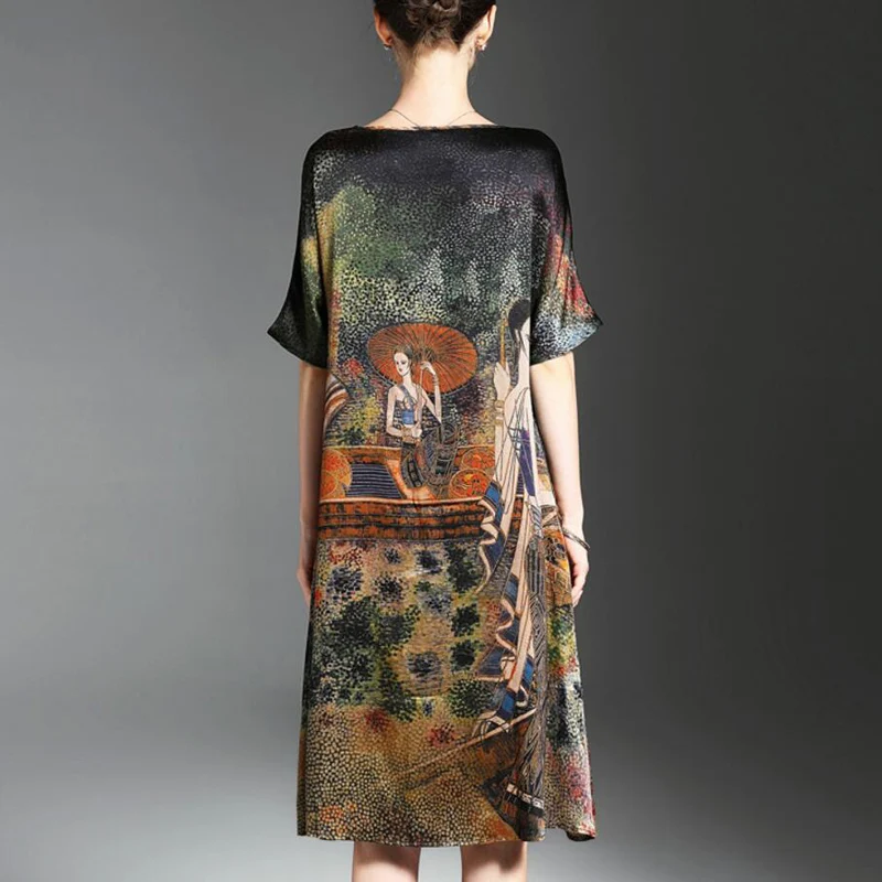 Vintage Ethnic Painting Design Dress Women Summer Half Sleeve Soft Silk Dresses Elegant Woman Brand Vestidos O-Neck Plus Size
