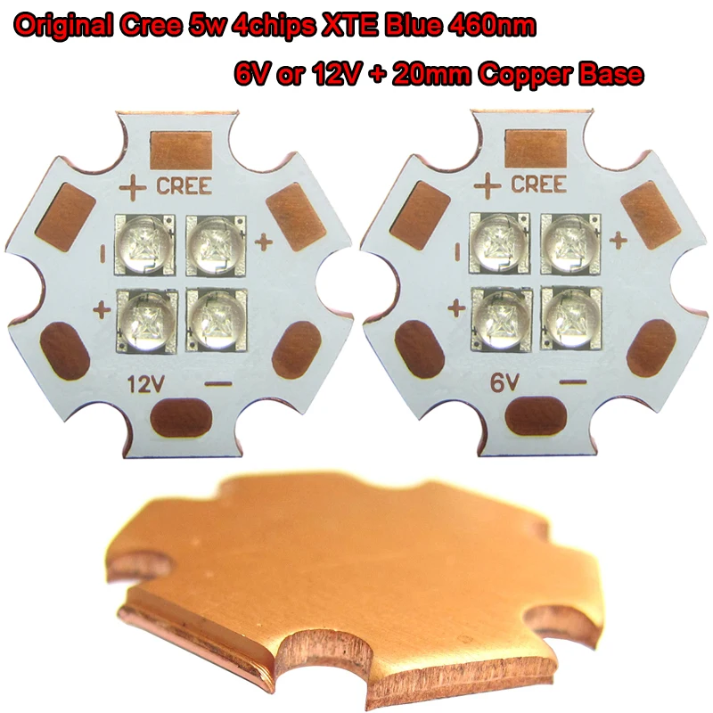 

1pcs Original Cree 5w 4 / four chips XTE Blue 460nm ~465nm Input DC 12V or 6V LED Bead Chip Light + 20mm Copper Base Raidator