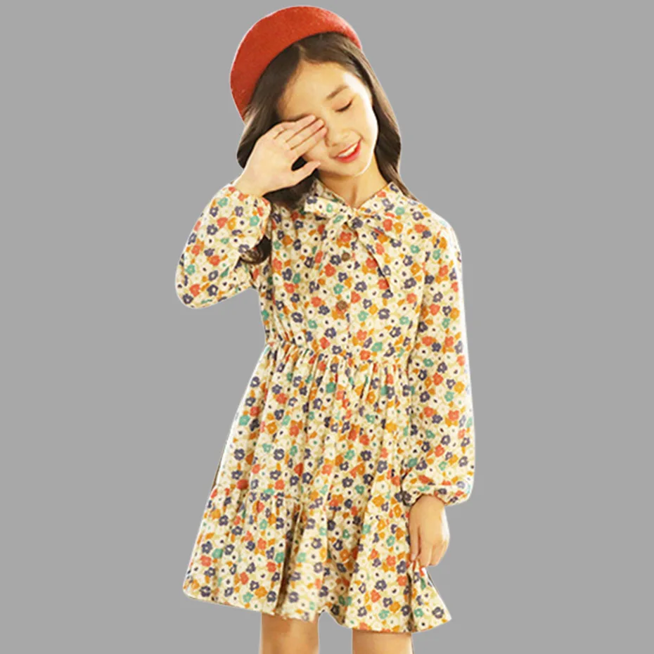 Abesay/осенние платья для девочек Детские Платья с цветочным рисунком и бантом Повседневные детские платья Зимняя подростковая одежда для девочек 6, 8, 12 лет