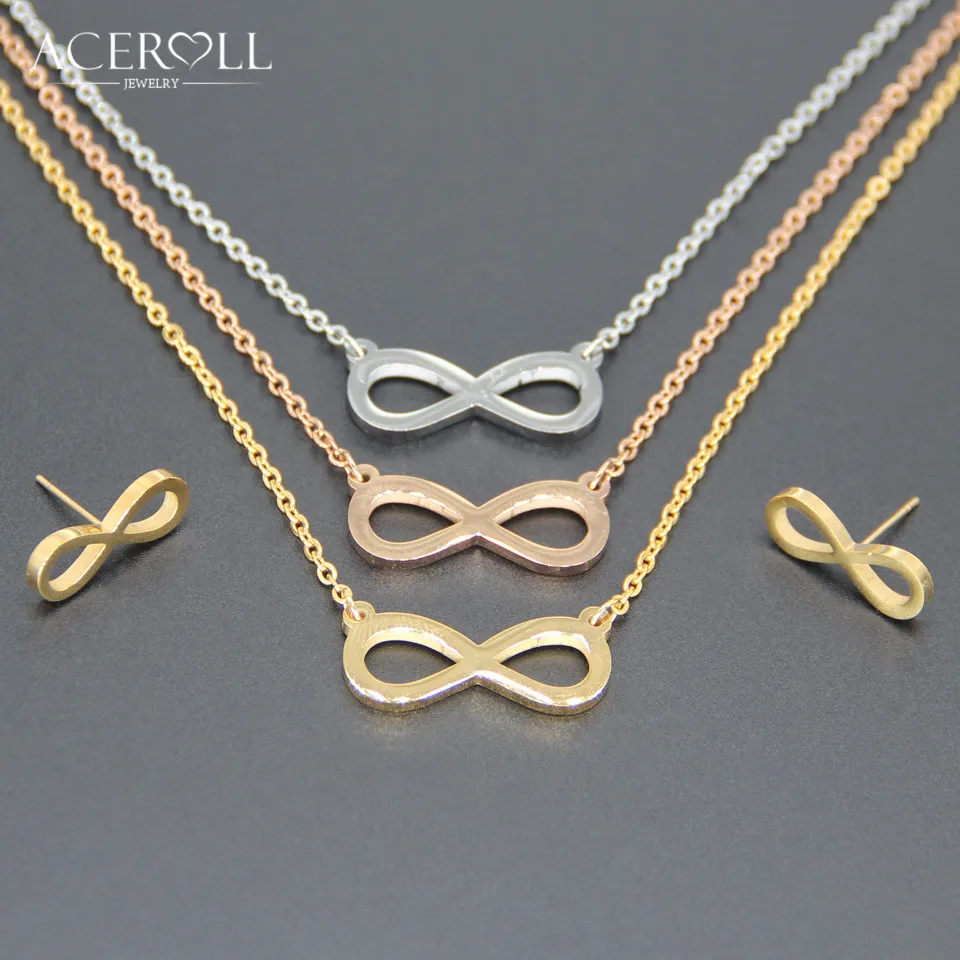 

ACEROLL Three Layers Jewelry Set - Stainless Steel Rose Gold Color Number Eight 8 Earring and Pendant Necklace with 3 Chains