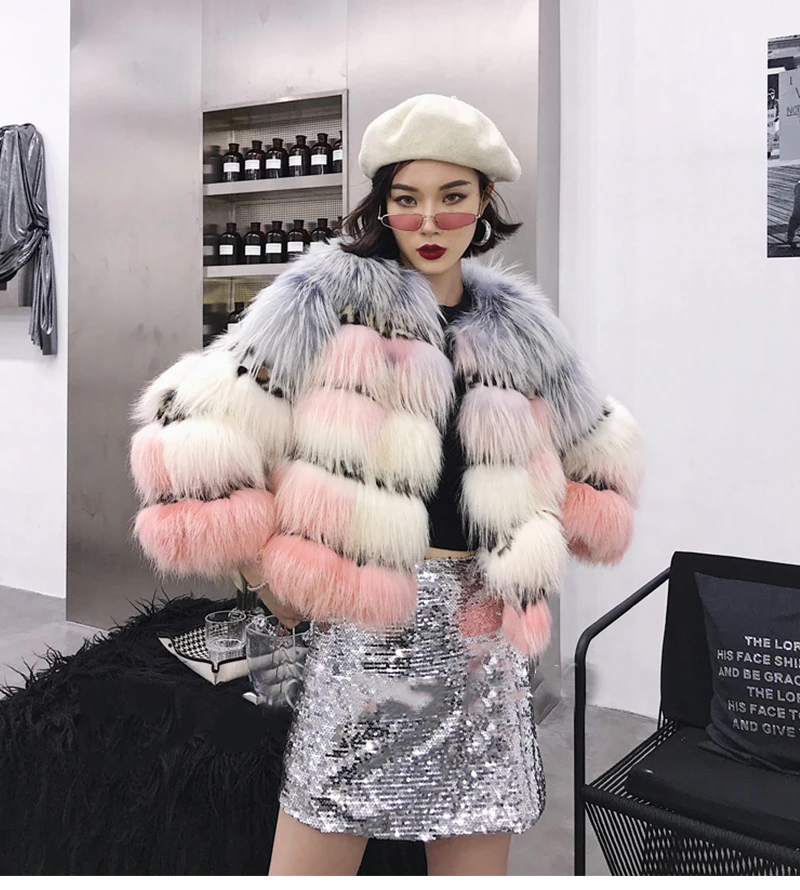 LVCHI 2019 зима реальный лисий мех пальто тонкий натуральный Лисий мех пальто Для женщин Полосатый Градиент шорты контрастных цветов меха лисы