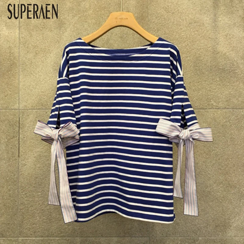 

SuperAen Striped T-shirt Female Short-sleeved 2019 New Wild Women's Spring and Summer T Shirt Bow Korean Style Women Tops