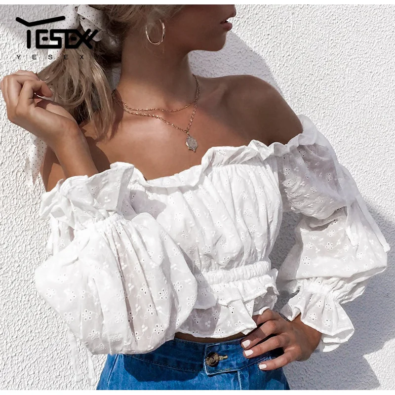 Yesexy 2019 оборками Slash шеи белые женские короткие топы и блузка фонарь рукав с плеча