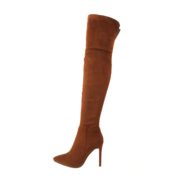 Cdpundari из искусственной замши(флока ботфорты на высоком каблуке женские Сапоги выше колена; женские облегающие зимняя теплая обувь; зимняя женская обувь - Цвет: Коричневый