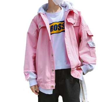 

Spring Unisex Hooded bomber Handsome Denim Jacket Loose Harajuku BF Spliced Female Jeans Jacket Holes Plus Size Jeans Coat