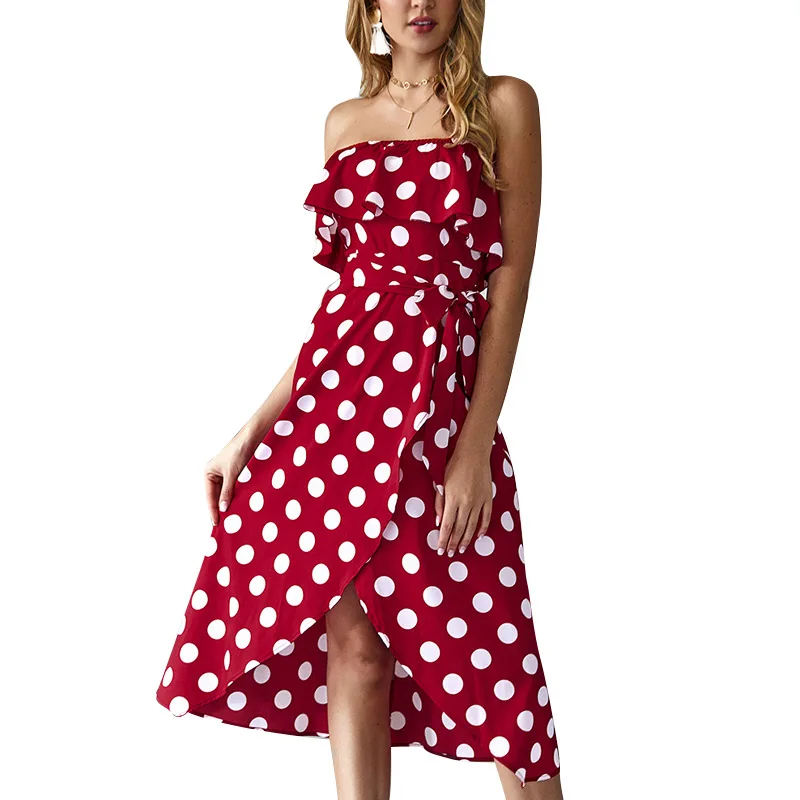 

Casual Strapless Sundress Women Summer Dress Boho Sexy Dress Ruffles Off Shoulder Backless Polka Dot Split Beach Dress Tunic