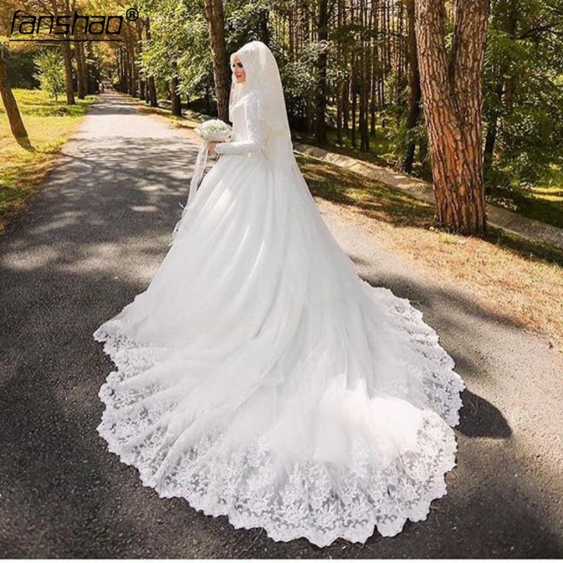 Винтаж мусульманское свадебное платье с длинным рукавом De Noiva Robe De Mariage арабский роскошный длинный след кружевное свадебное платье Свадьба бальное платье