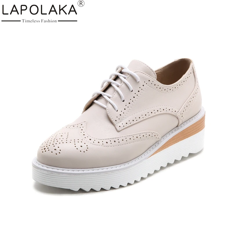 

LAPOLAKA Large Size 31-43 Fretwork Decoration Pu Leather Colid Concise Flat Platform Woman Shoes Shallow lace-up Women Shoes
