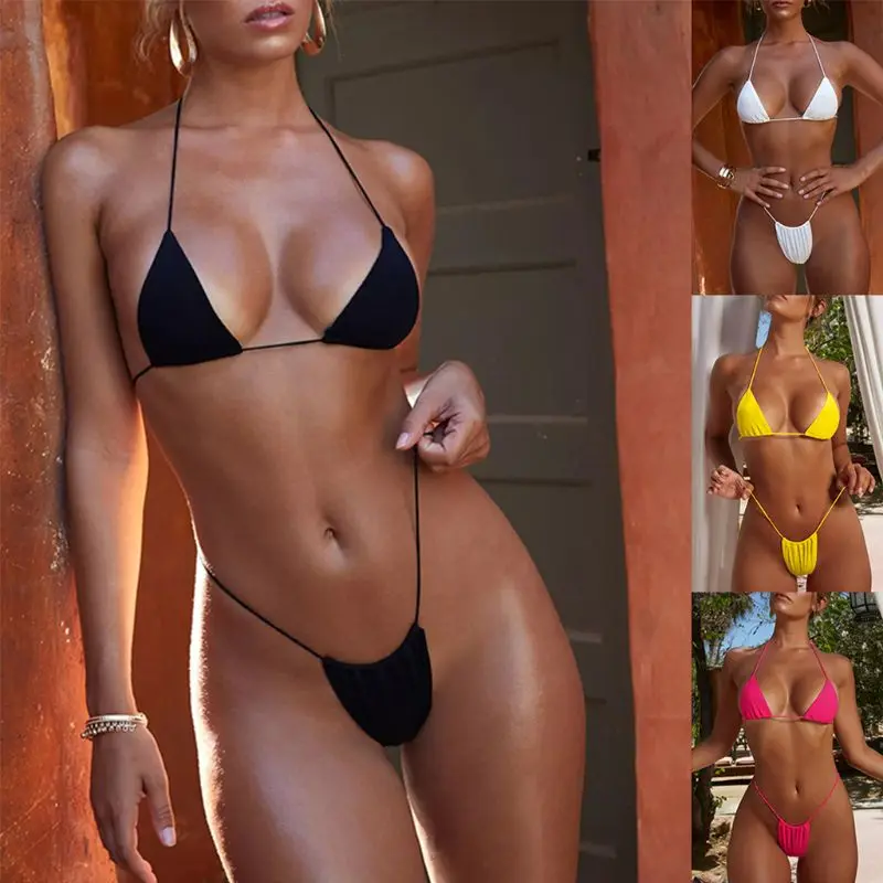 

Womens Sexy Two Piece Bikini Set Halter Lace Up Triangle Bra Low Waist Thong Solid Color Thread Vertical Stripes Swimsuit Ruched