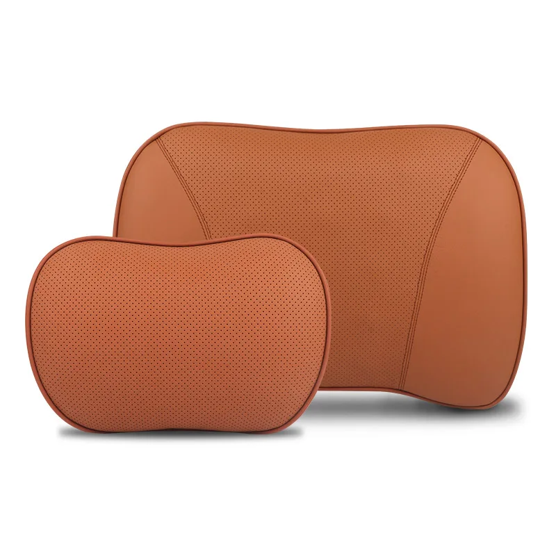 Подушка для автомобильных путешествий из натуральной кожи с эффектом памяти, подушка для шеи, облегчающая усталость, автомобильный подголовник, поясничное сиденье, офисное, домашнее кресло - Цвет: Brown one set