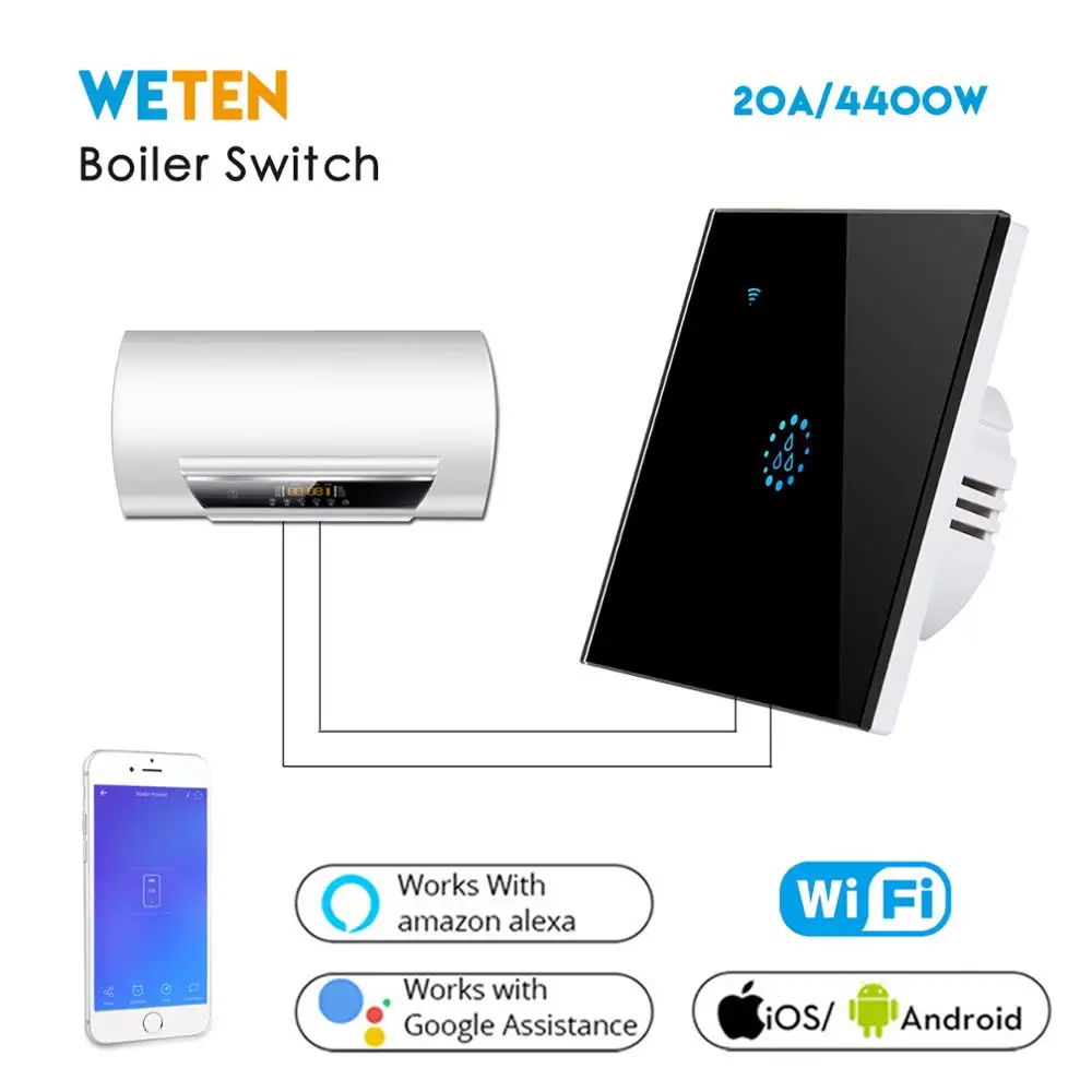 

Interruptor inteligente de la caldera del calentador de agua Wifi UE Reino Unido 20A Interruptor táctil de cristal negro Ewelink APP Control de voz con Alexa Google Home