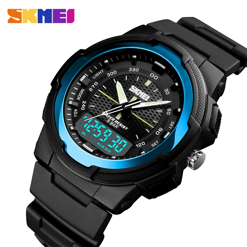 Спортивные часы для мужчин, двойной дисплей, светодиодный, цифровой, водонепроницаемый, кварцевые, военные часы, мужские часы, erkek kol saati relogio masculino SKMEI - Цвет: Light Blue