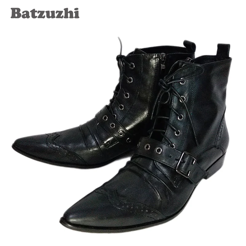 

Batzuzhi Mens Black Leather Boots Fashion Designer Lacing Up Buckle Strap Pointed Toe Short Motorcycle Boots Men, EU38-46