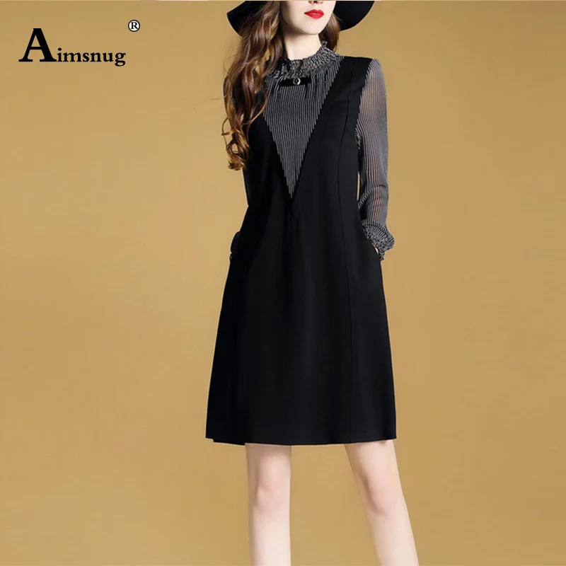 

Elegant fake two piece stripe Female The dress Office lady long sleeve mini dress New temperament strap women's slim bottoming