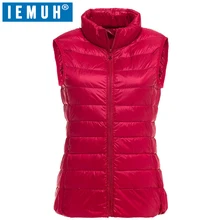 IEMUH, без рукавов, женский пуховик, зимний, Сверхлегкий, 90%, белый, утиный пух, жилет, пальто, тонкая парка, ветрозащитный, теплый жилет